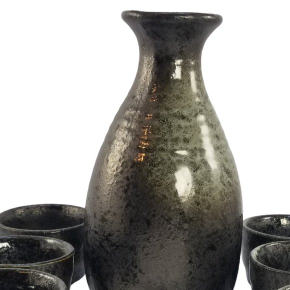 7 Piece Japanese Black Stone Style Ceramic Sake Server Set - Picture 6 of 9
